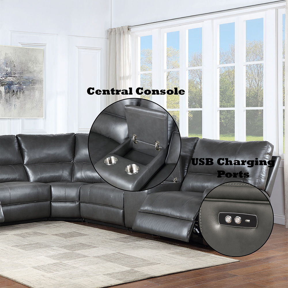 Saul - Power Motion Sectional Sofa - Gray Leather-Aire