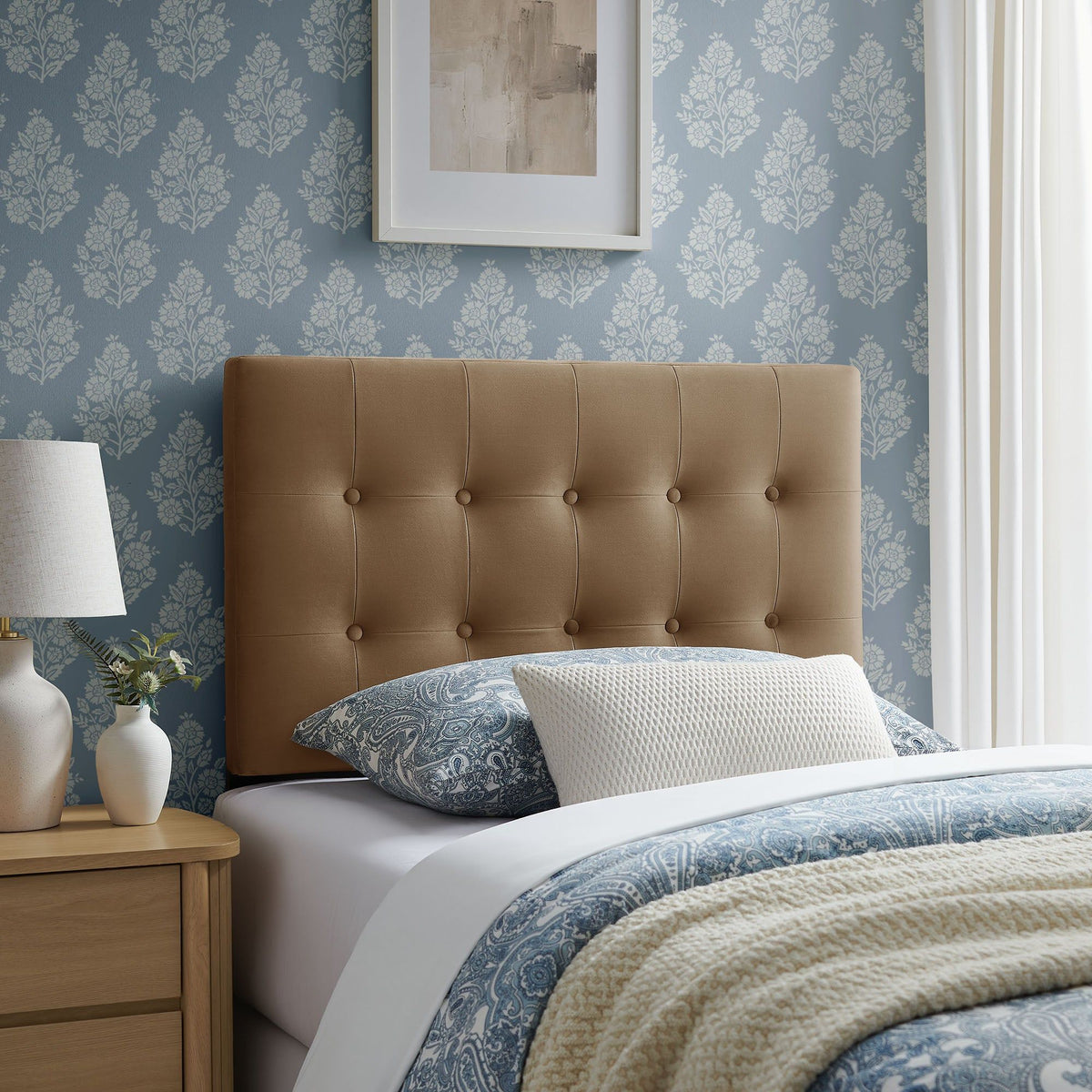 Emily Biscuit Tufted Performance Velvet Headboard - Twin, Taupe