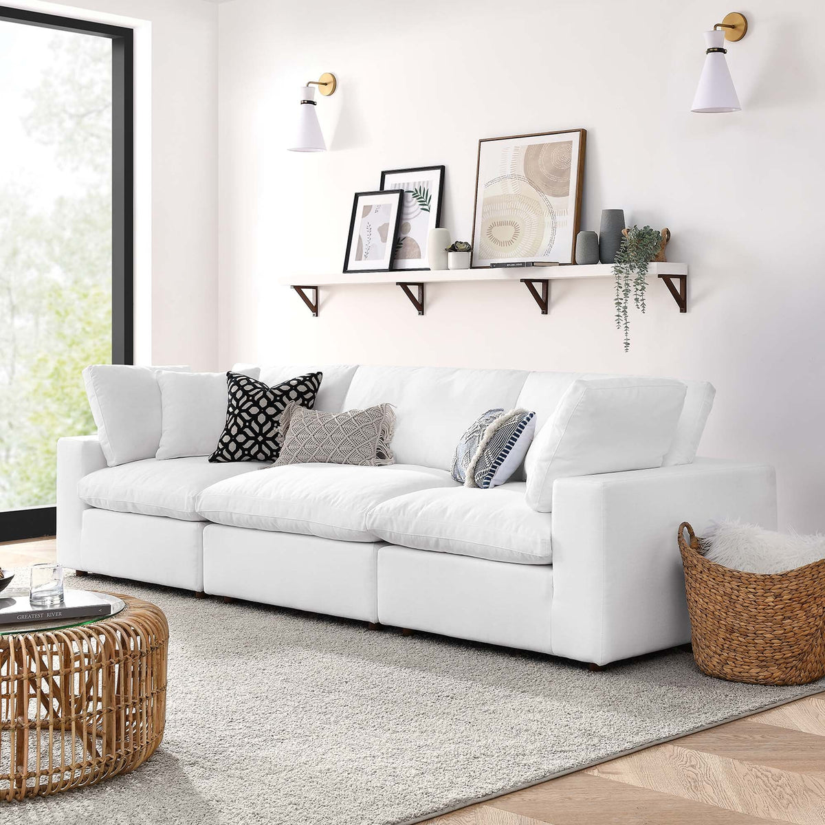 Commix 3 Piece Down Filled Overstuffed Sectional Sofa Set - Pure White