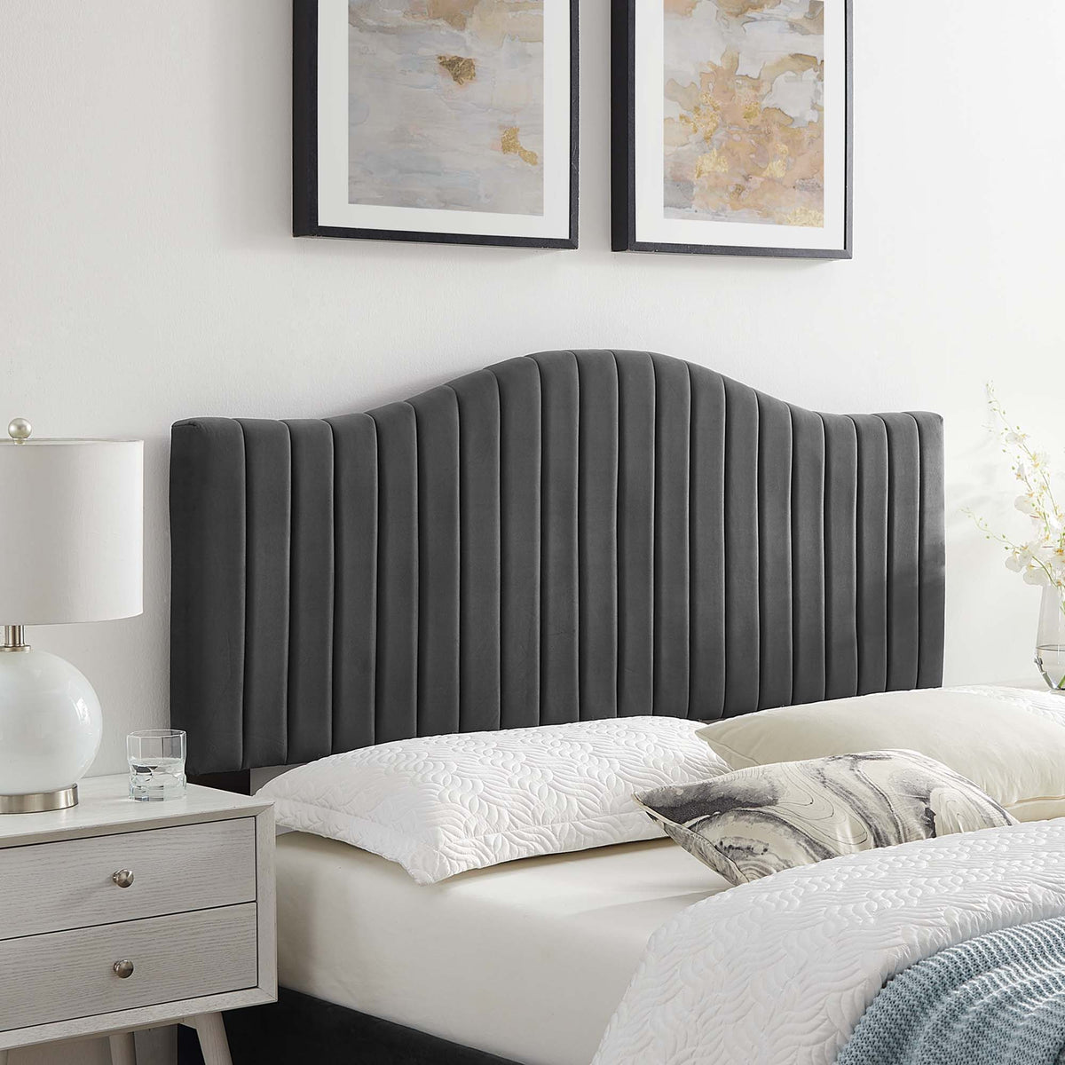 Brielle Channel Tufted Performance Velvet Headboard - Twin, Charcoal