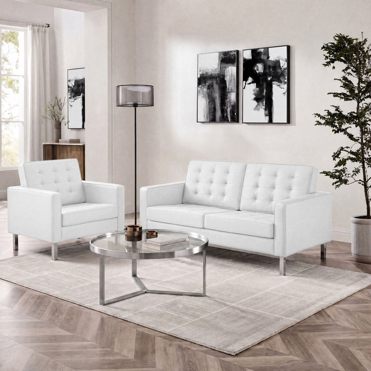 Loft Tufted Upholstered Faux Leather Loveseat and Armchair Set - Silver White