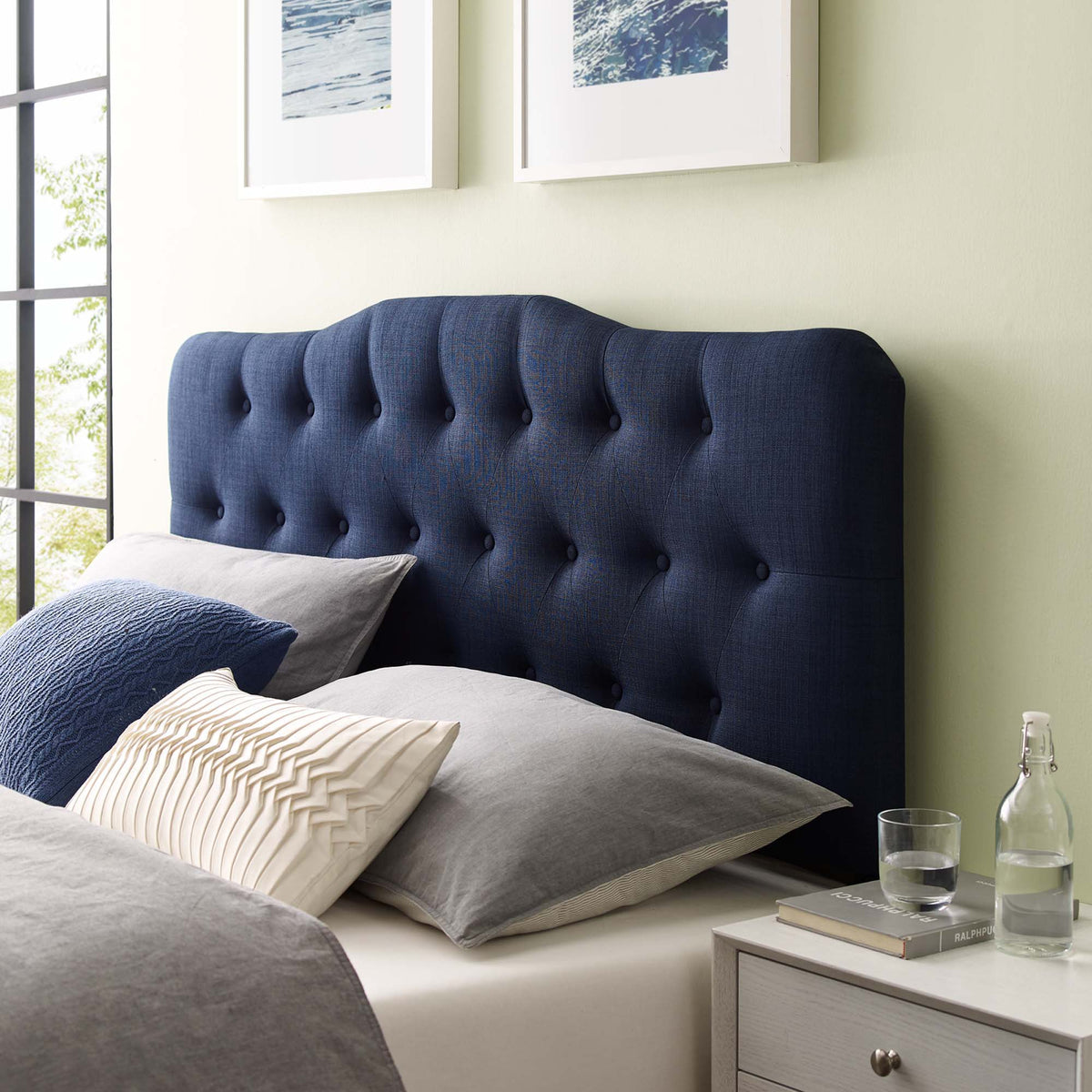 Annabel Diamond Tufted Upholstered Fabric Headboard - Queen, Navy