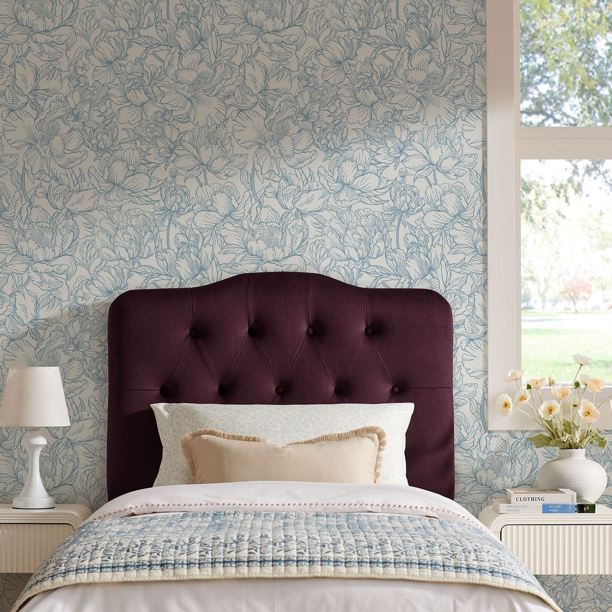 Annabel Diamond Tufted Performance Velvet Headboard - Twin, Mulberry