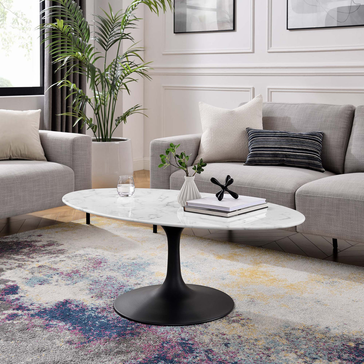 Lippa Oval Artificial Marble Coffee Table - 48", Black White