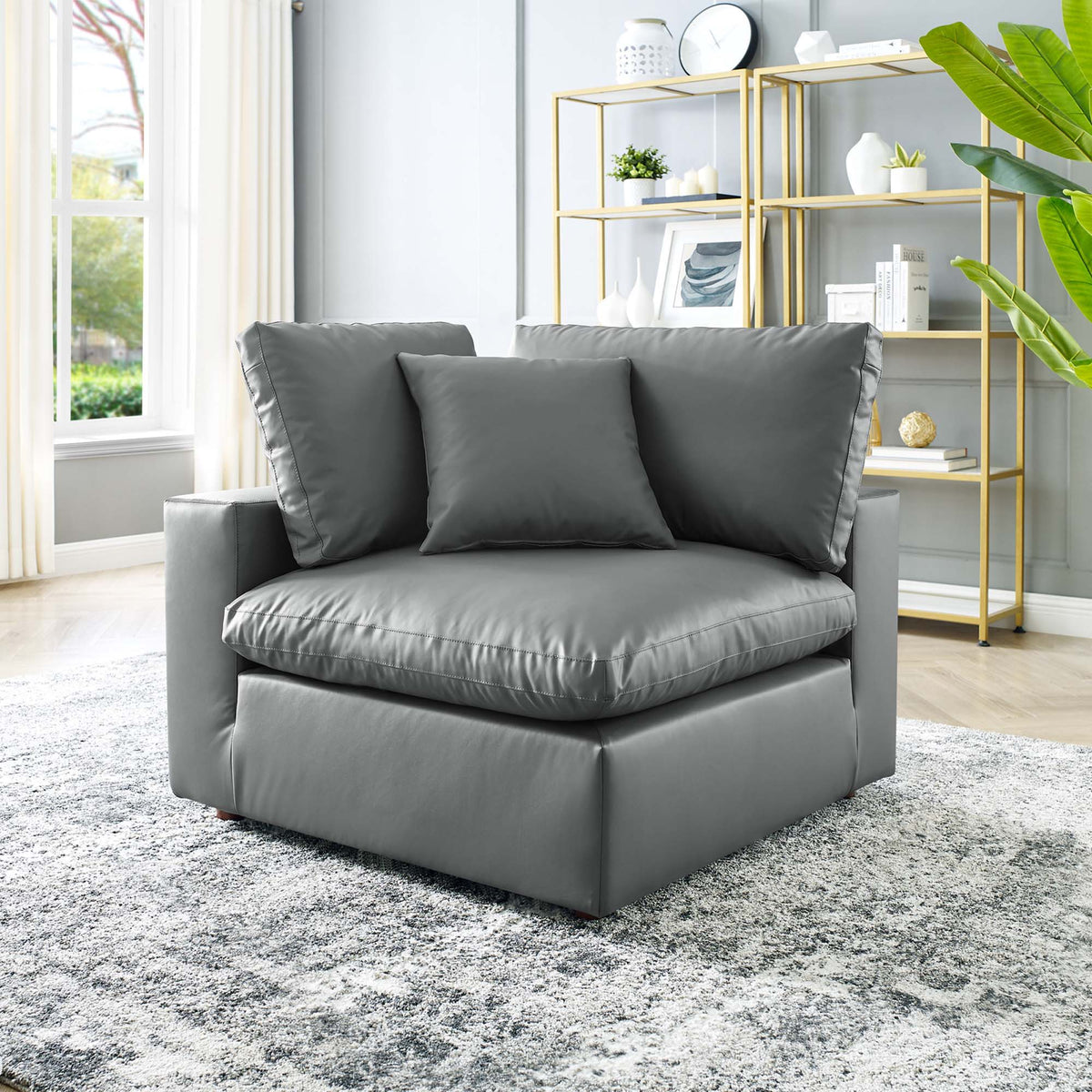 Commix Down Filled Overstuffed Vegan Leather Corner Chair - Gray