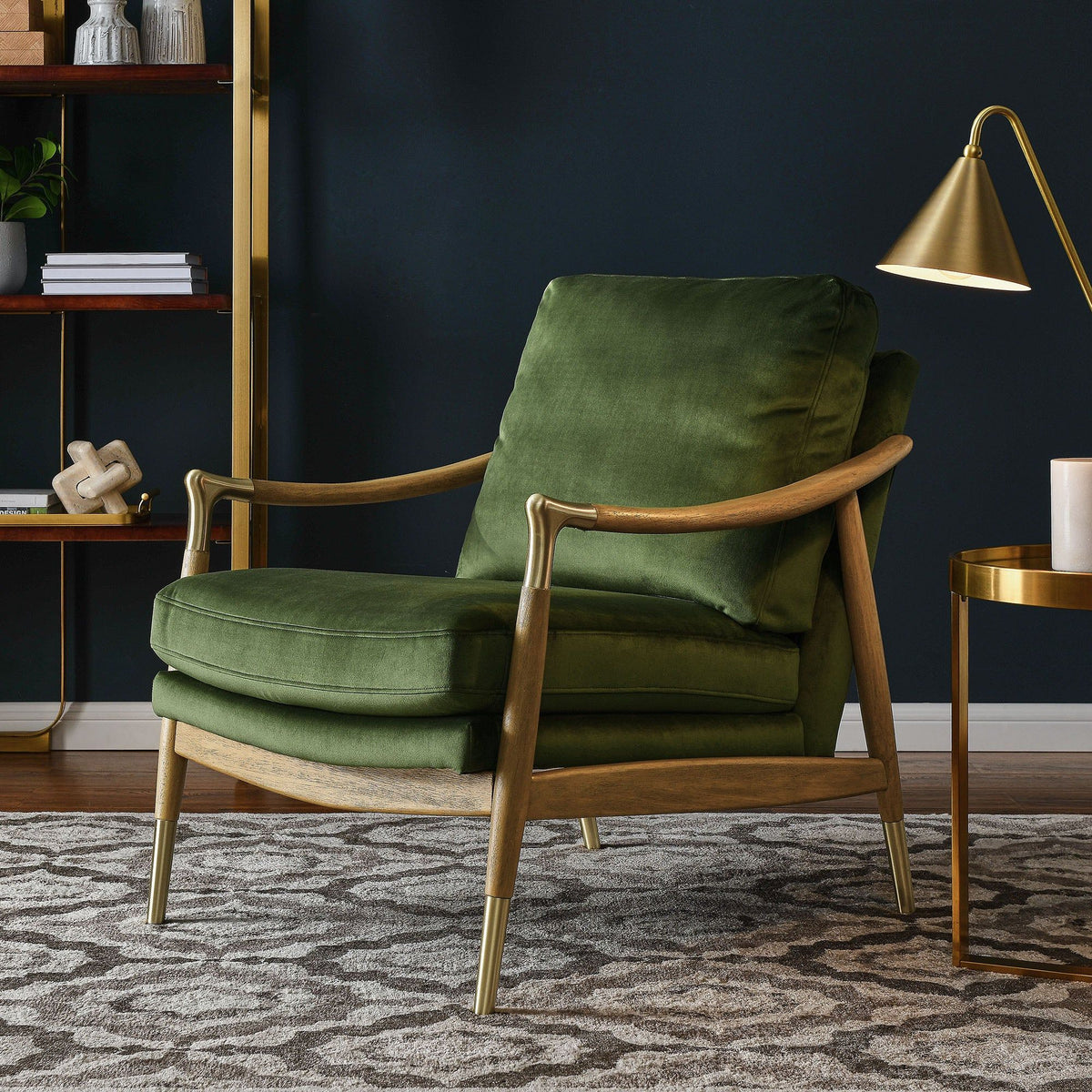 Langford Performance Velvet Accent Armchair - Moss Green Walnut