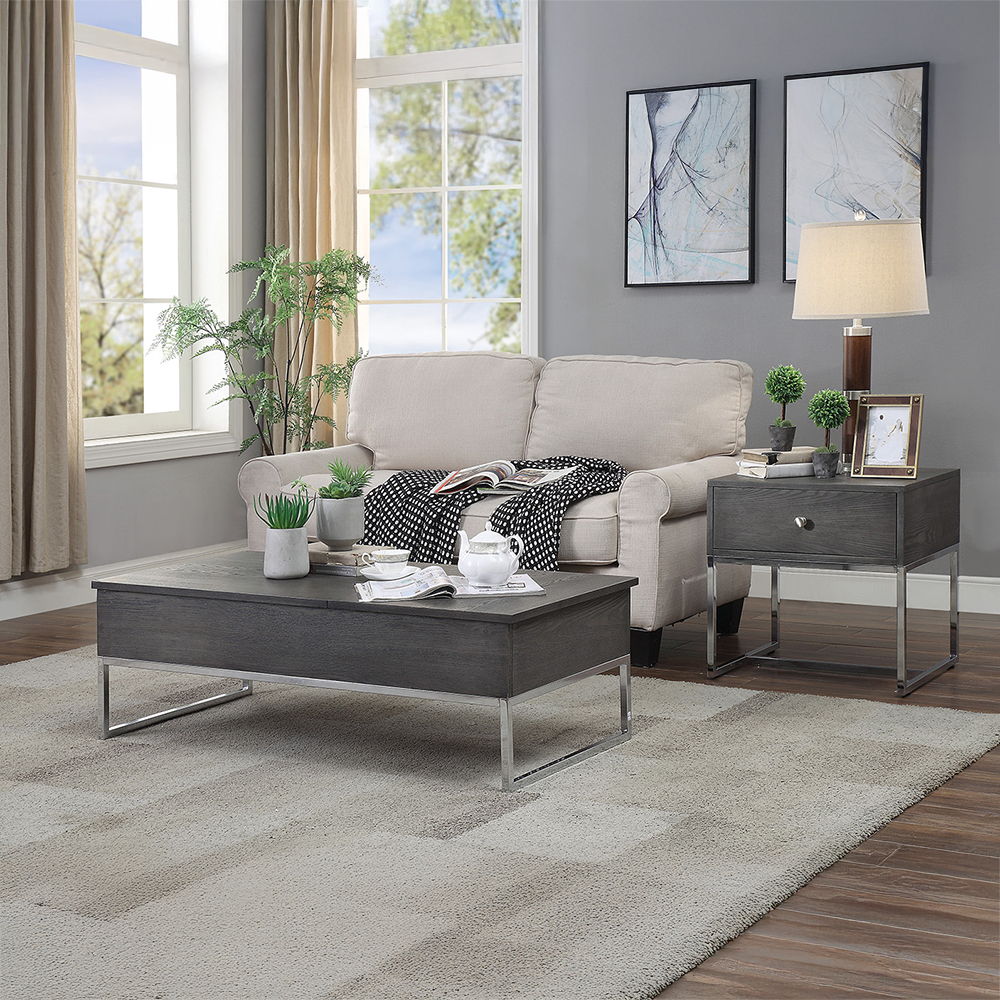 Iban - Coffee Table With Lift Top - Gray Oak & Chrome