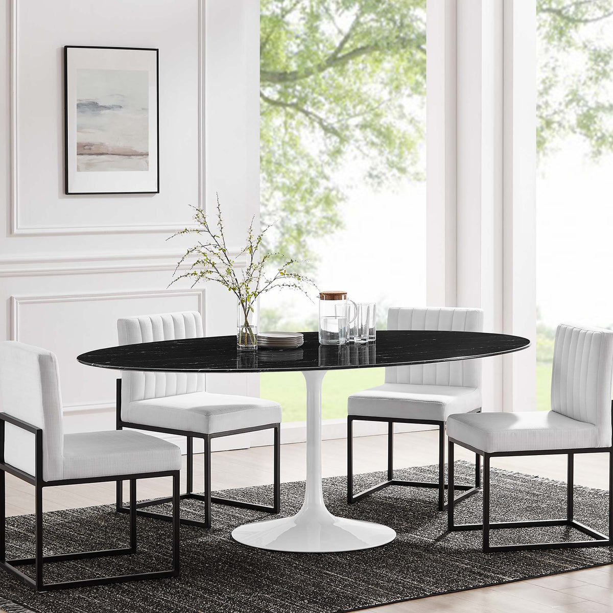 Lippa Oval Artificial Marble Dining Table - 78", White Black