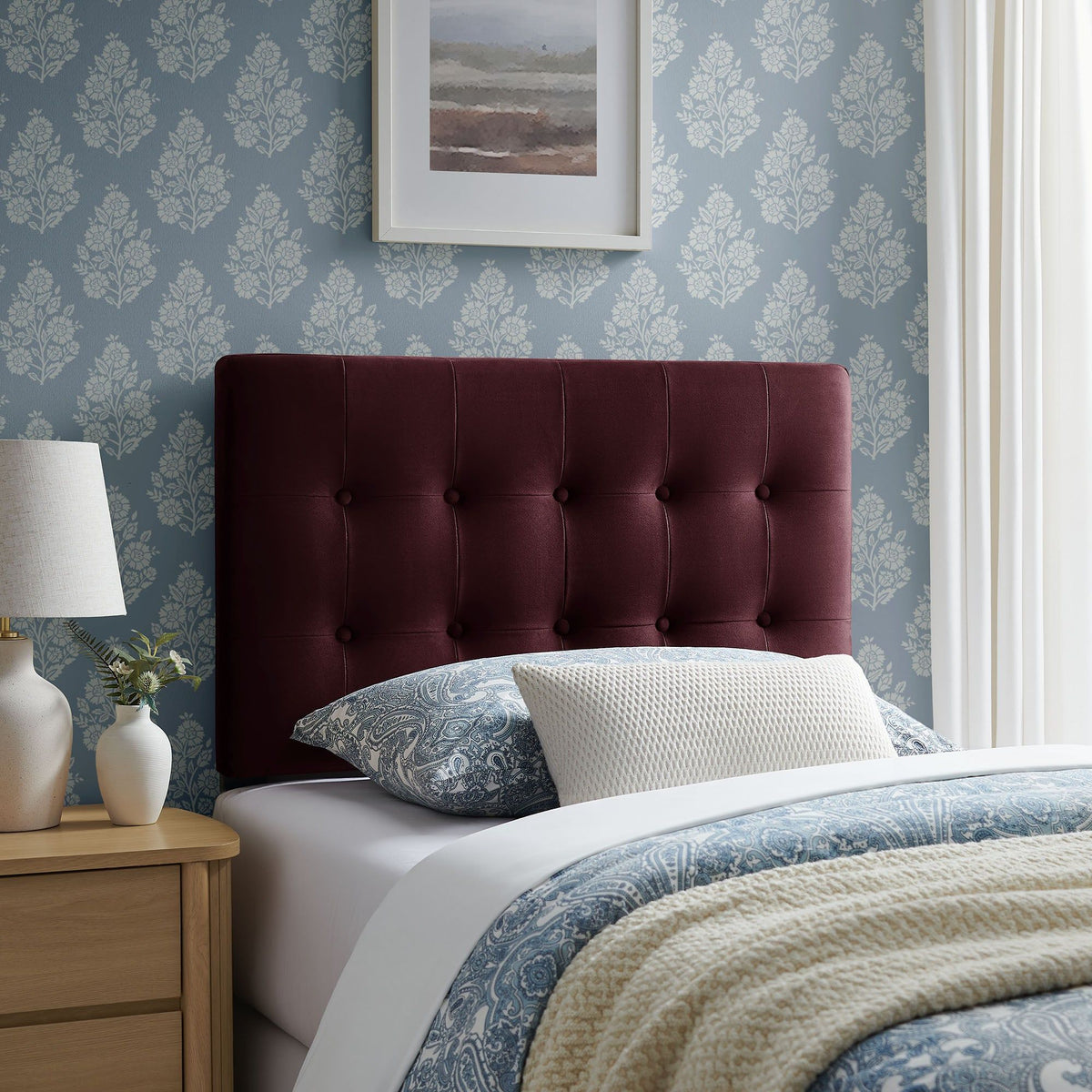 Emily Biscuit Tufted Performance Velvet Headboard - Twin, Mulberry