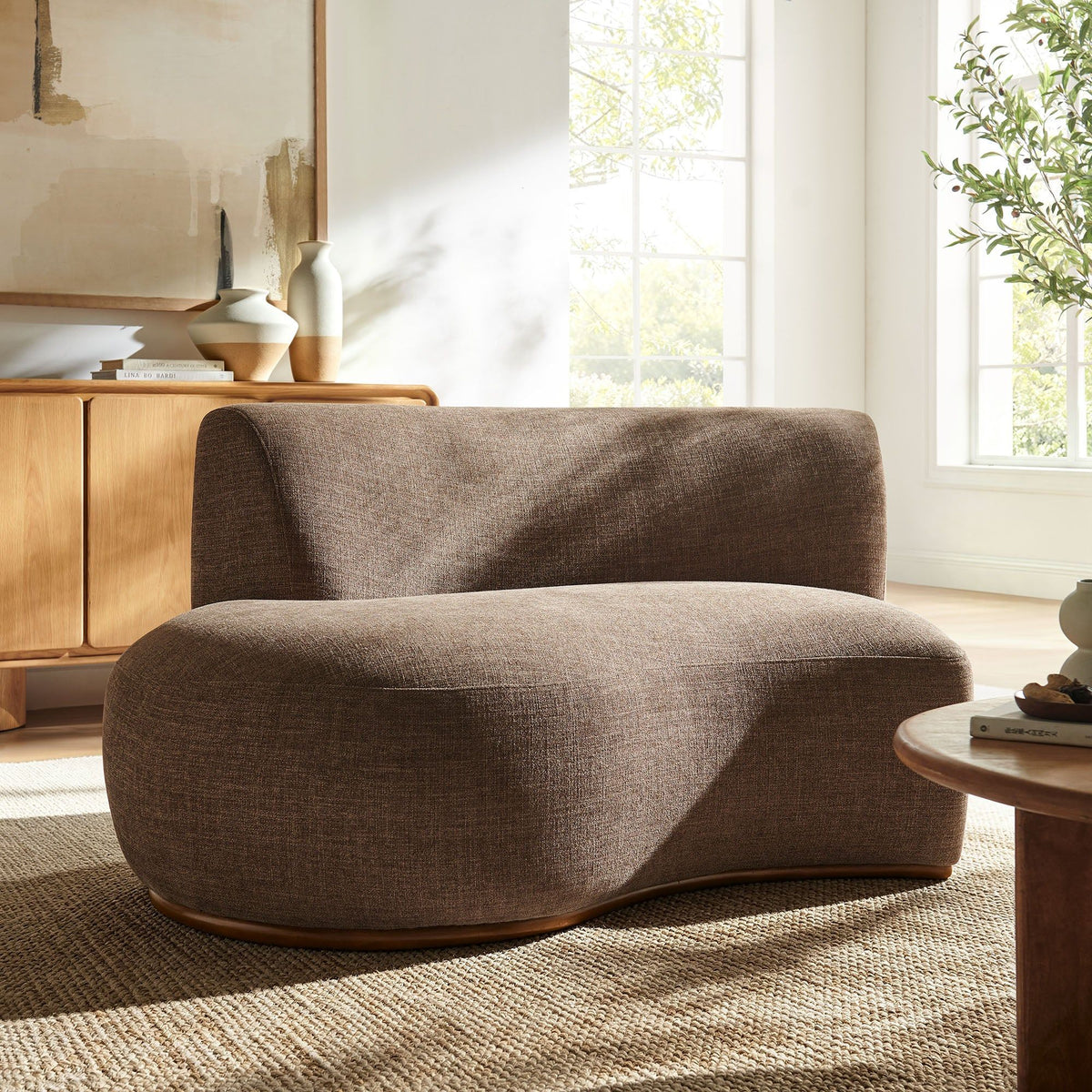Rialta Curved Left-Arm Slub Weave Fabric Sectional Loveseat - Mocha