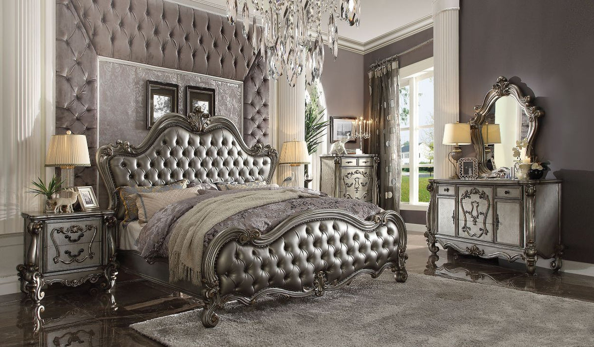 Versailles II - Queen Bed - Silver Synthetic Leather & Antique Platinum