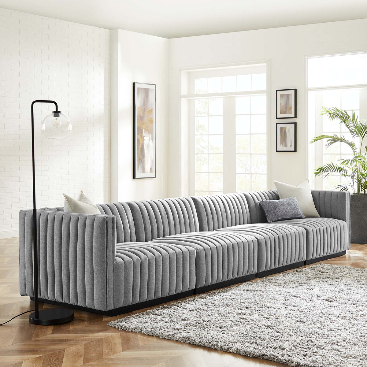 Conjure 4-Piece Channel Tufted Upholstered Fabric Sofa - Black Light Gray