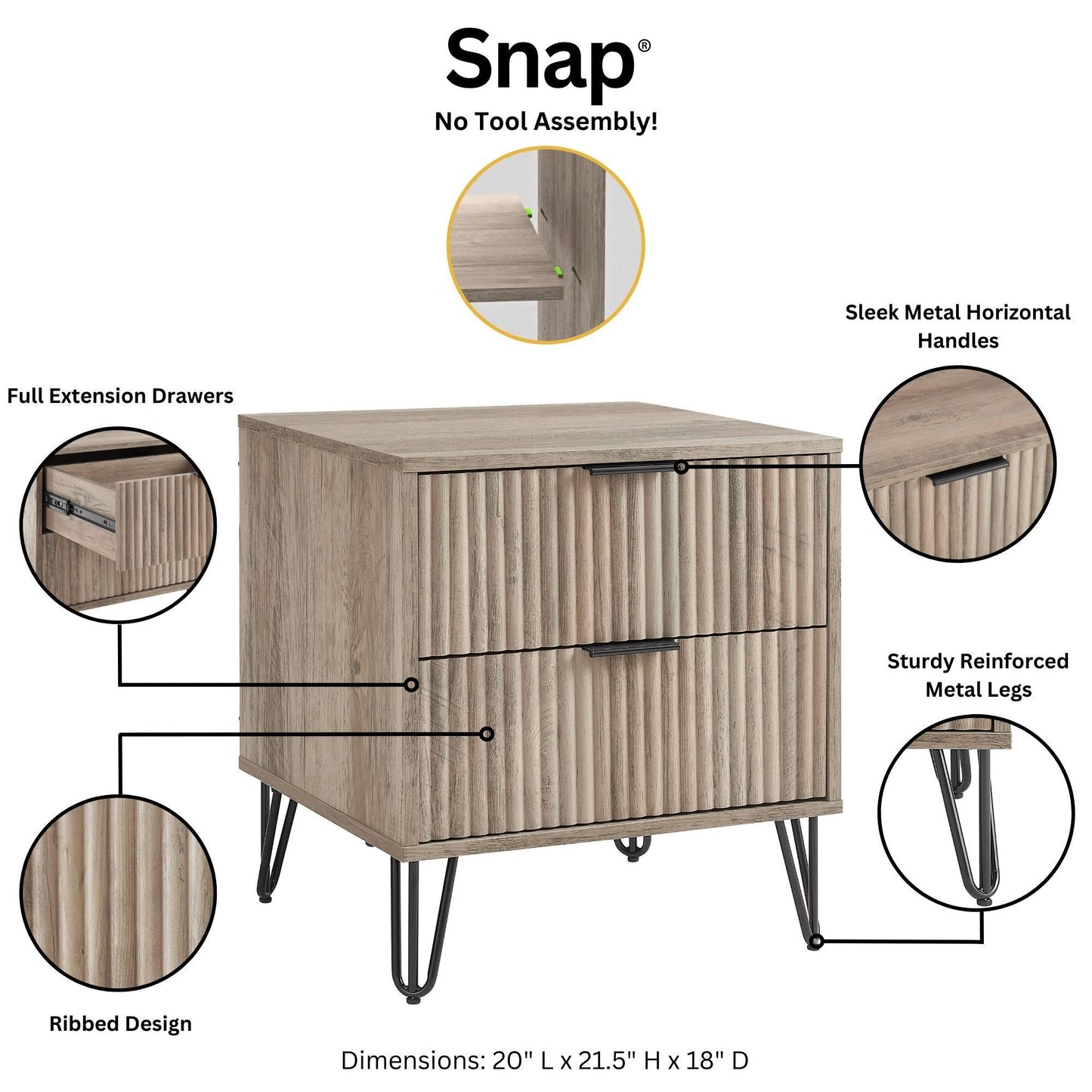 Manhattan Dumbo - Fluted 2-Drawer Nightstand With Rustic Gray Frame