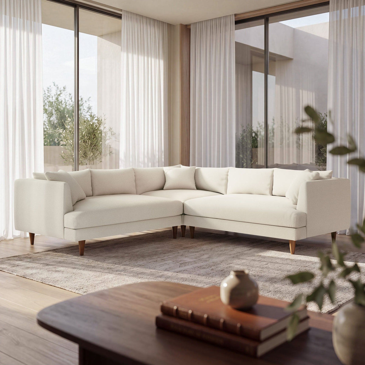 Zoya 3 Piece Down Filled Overstuffed Boucle Sectional Sofa - Cream