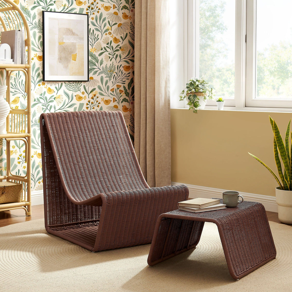 Eira 2 Piece Continuous Curved Natural Rattan Lounge Chair and Ottoman Set - Mocha