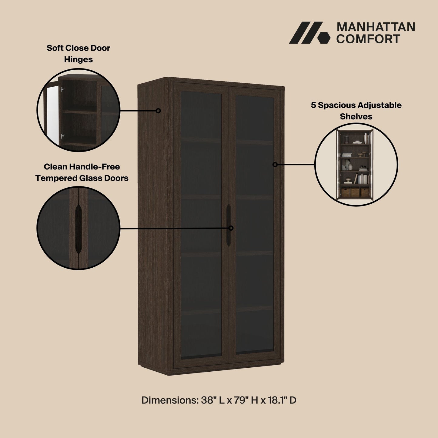 Manhattan Rivington - Bookcase Cabinet With Glass Doors