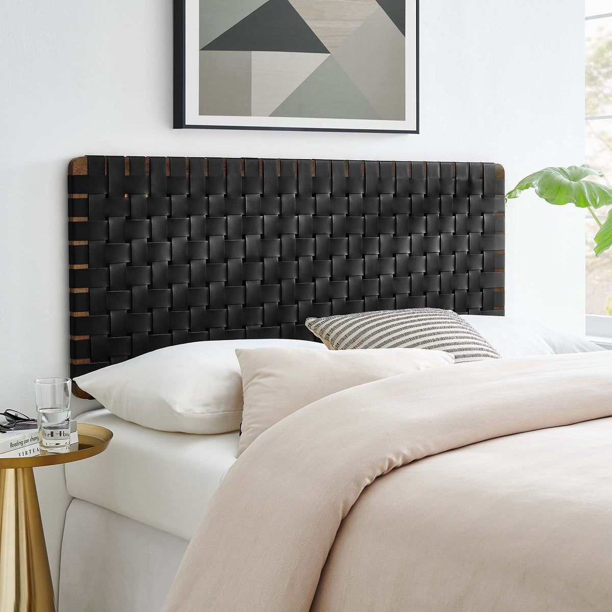 Sparta Weave Wall-Mount Vegan Leather Headboard - Full, Walnut Black