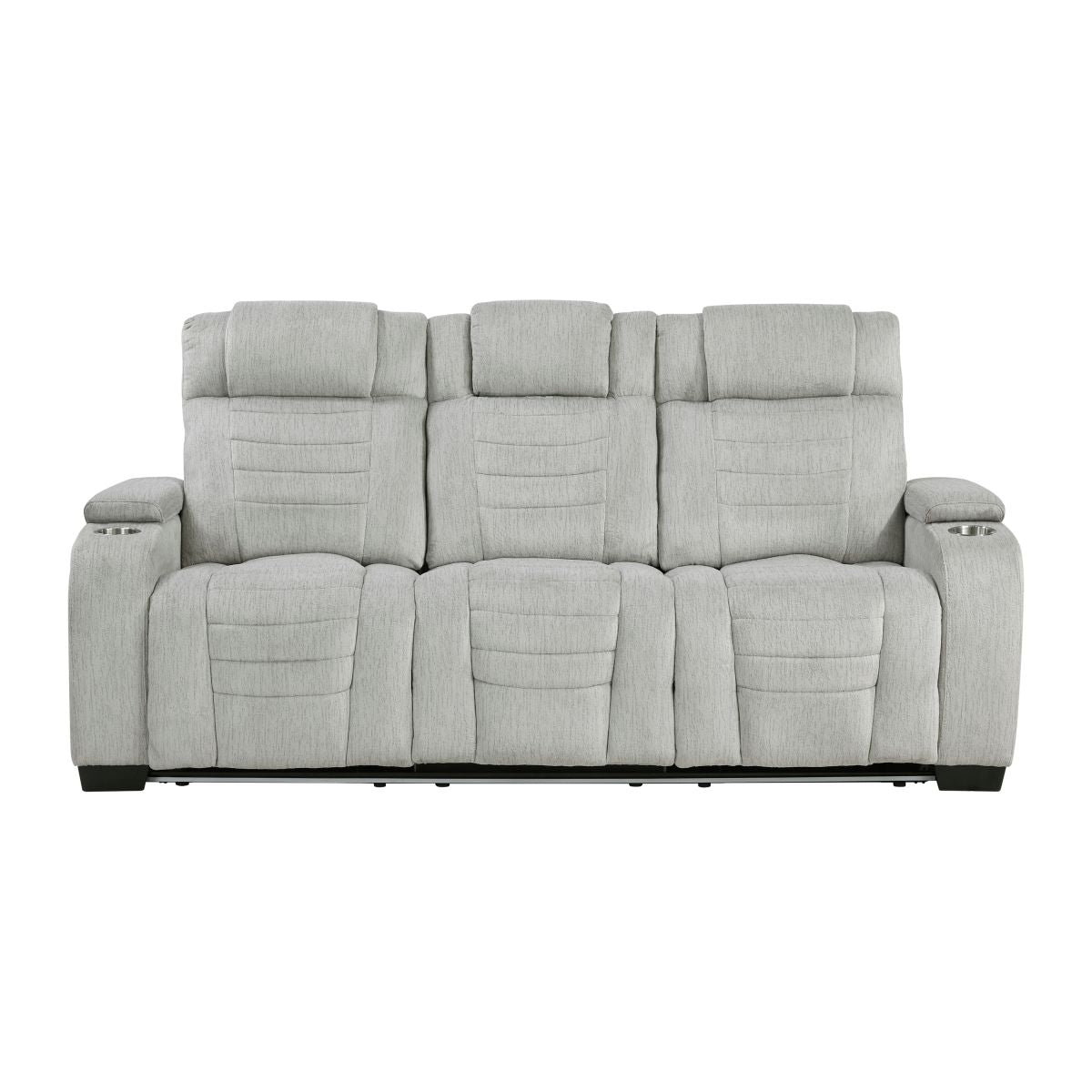 Ronan Double Reclining Sofa with Center Drop-Down Cup Holders, Storage Arms, Cup Holders, Reading Lights, Magazine Bag, Receptacles, Charging Ports and LED