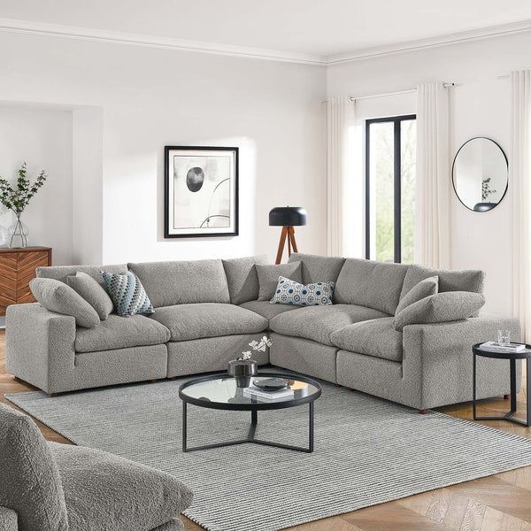 Commix Down Filled Overstuffed Boucle 5-Piece Sectional Sofa - Light Gray