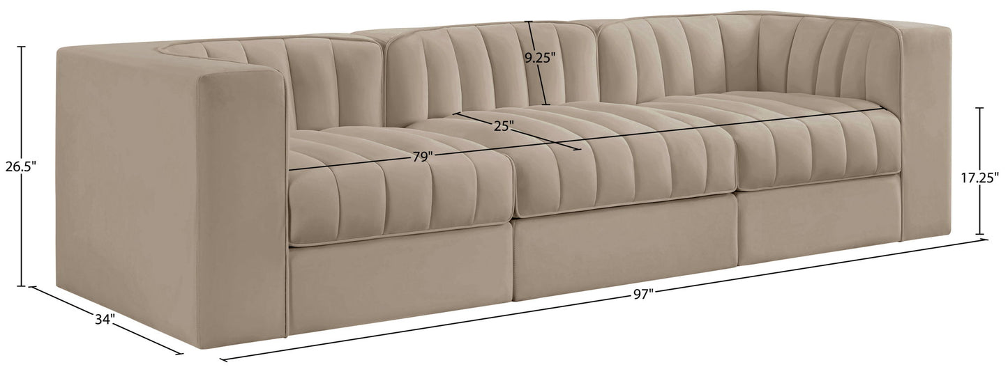 Rummi - Velvet Performance Fabric Upholstered 3 Piece Modular Sofa