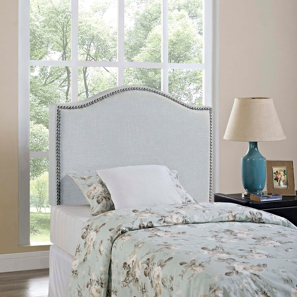 Curl Nailhead Upholstered Headboard - Twin, Sky Gray