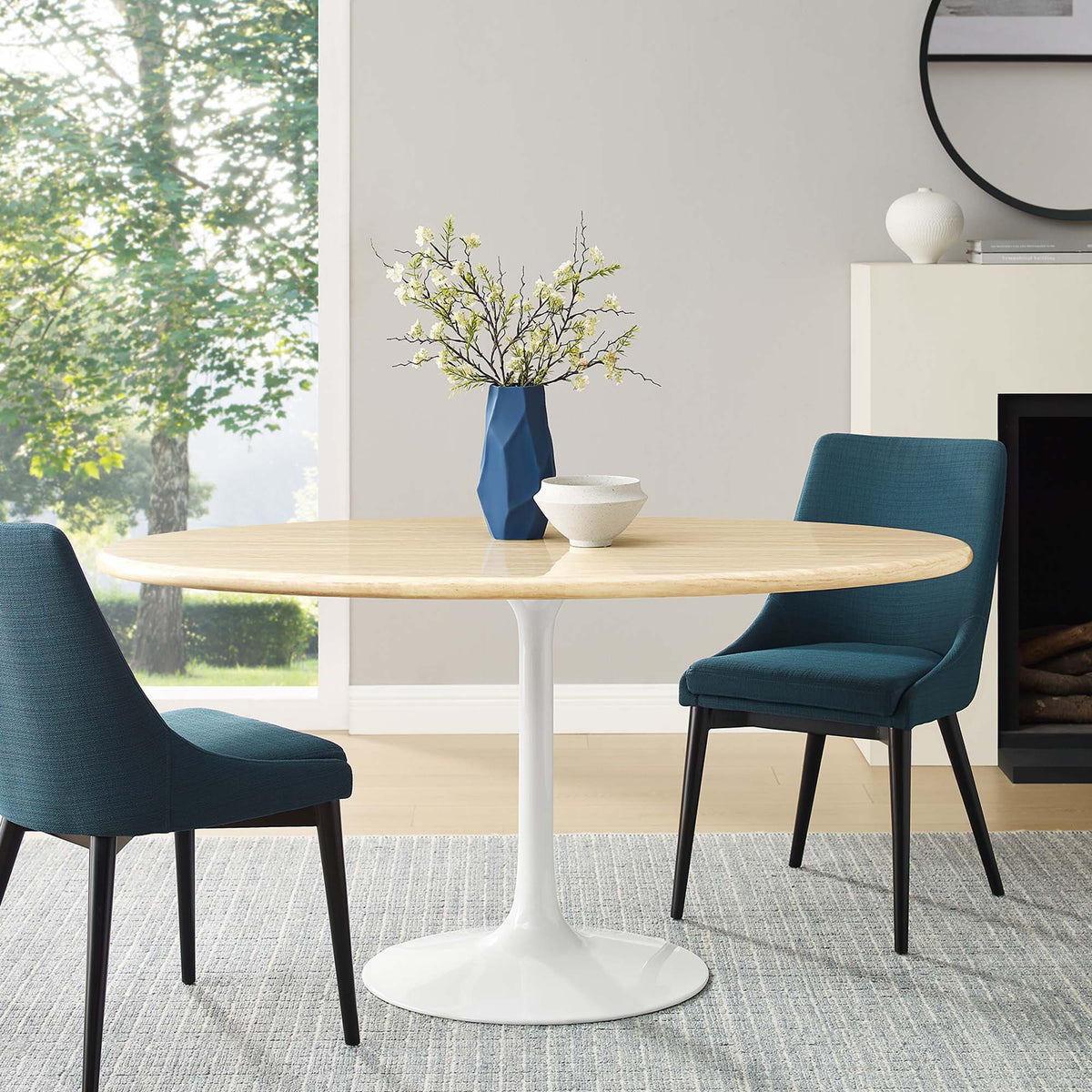 Lippa Oval Artificial Travertine Dining Table - 60", White Traventine
