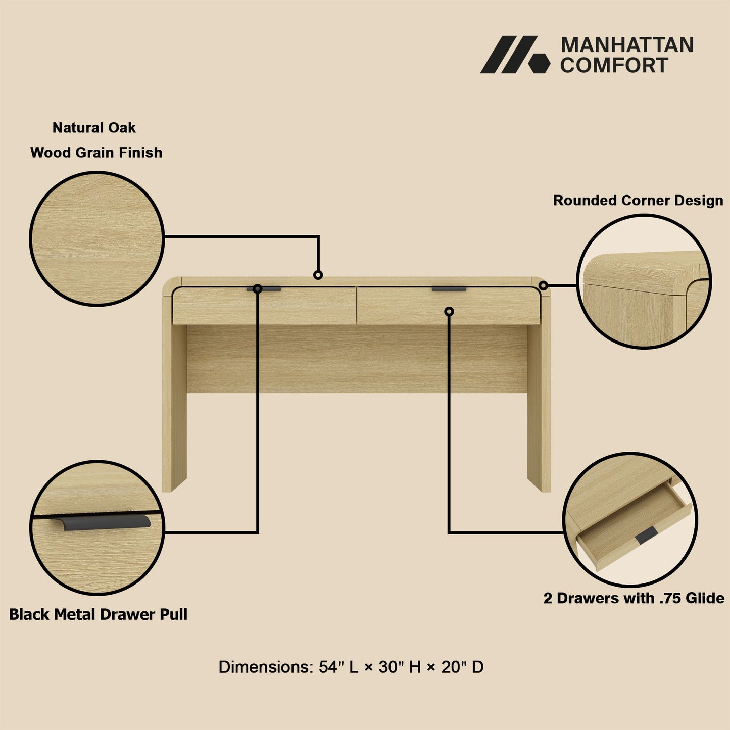 Grace - 2-Drawer Office Desk - Natural Oak