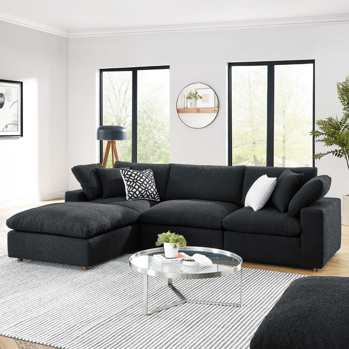 Commix Down Filled Overstuffed Boucle Fabric 4-Piece Sectional Sofa - Black