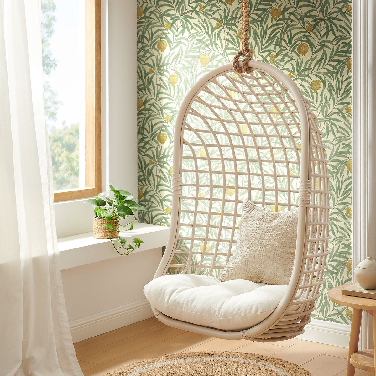 Tamsin Open Grid Weave Natural Rattan Hanging Chair - Light Tan