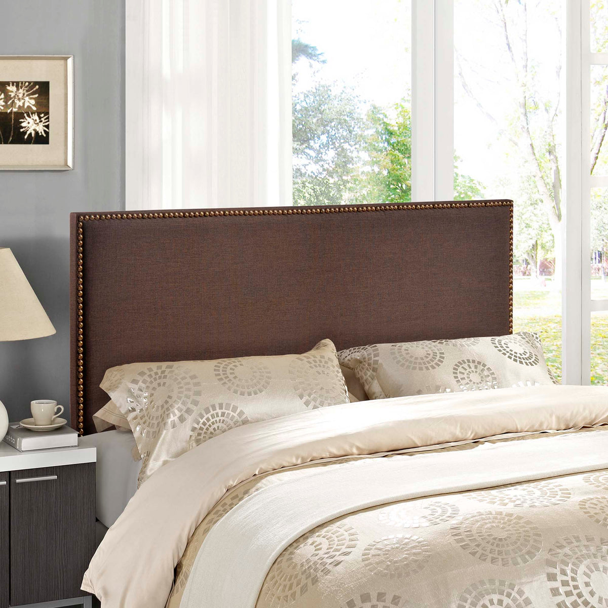 Region Nailhead Upholstered Headboard - Queen, Dark Brown