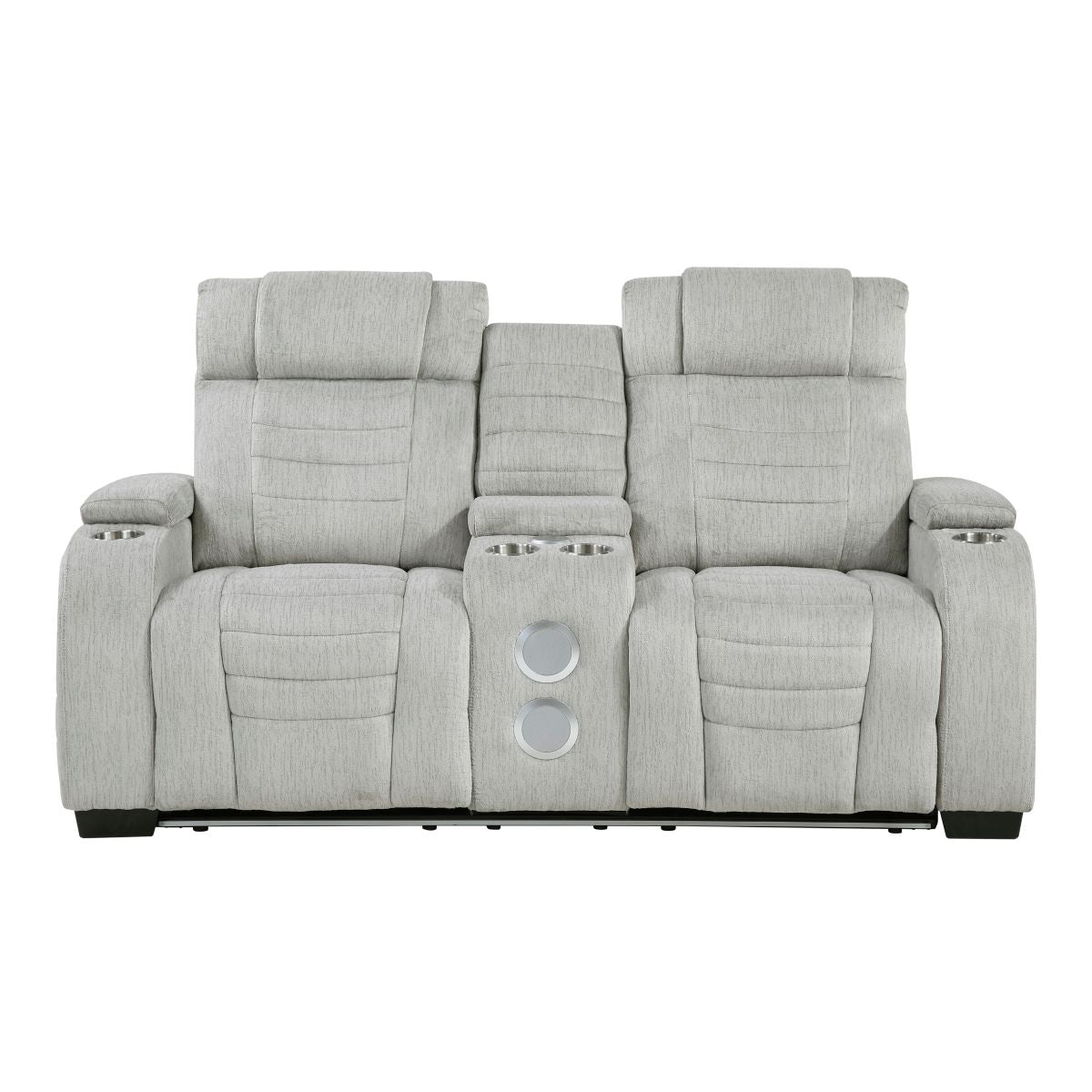 Ronan Double Reclining Love Seat with Center Console, Wireless Speakers, Storage Arms, Cup holders and LED