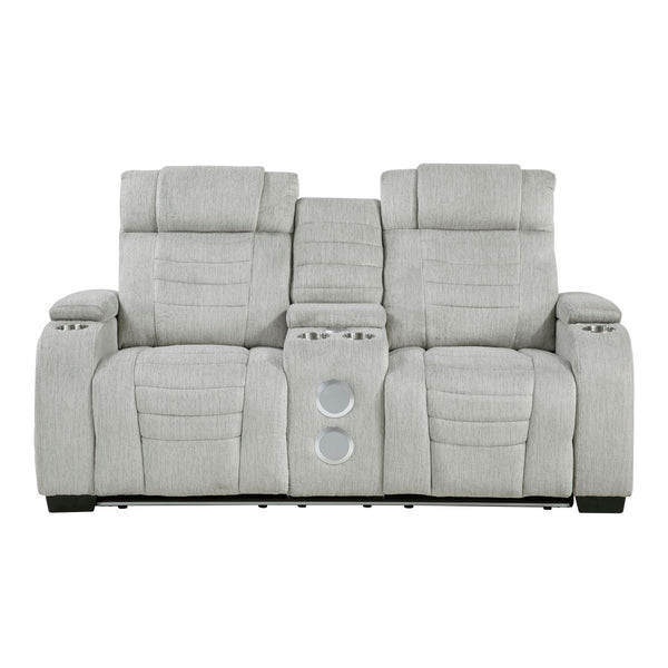 Ronan Double Reclining Love Seat with Center Console, Wireless Speakers, Storage Arms, Cup holders and LED