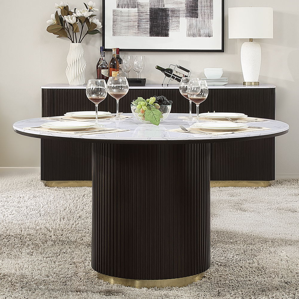 Clayten - Round Dining Table With Marble - White Natural Marble Top & Espresso