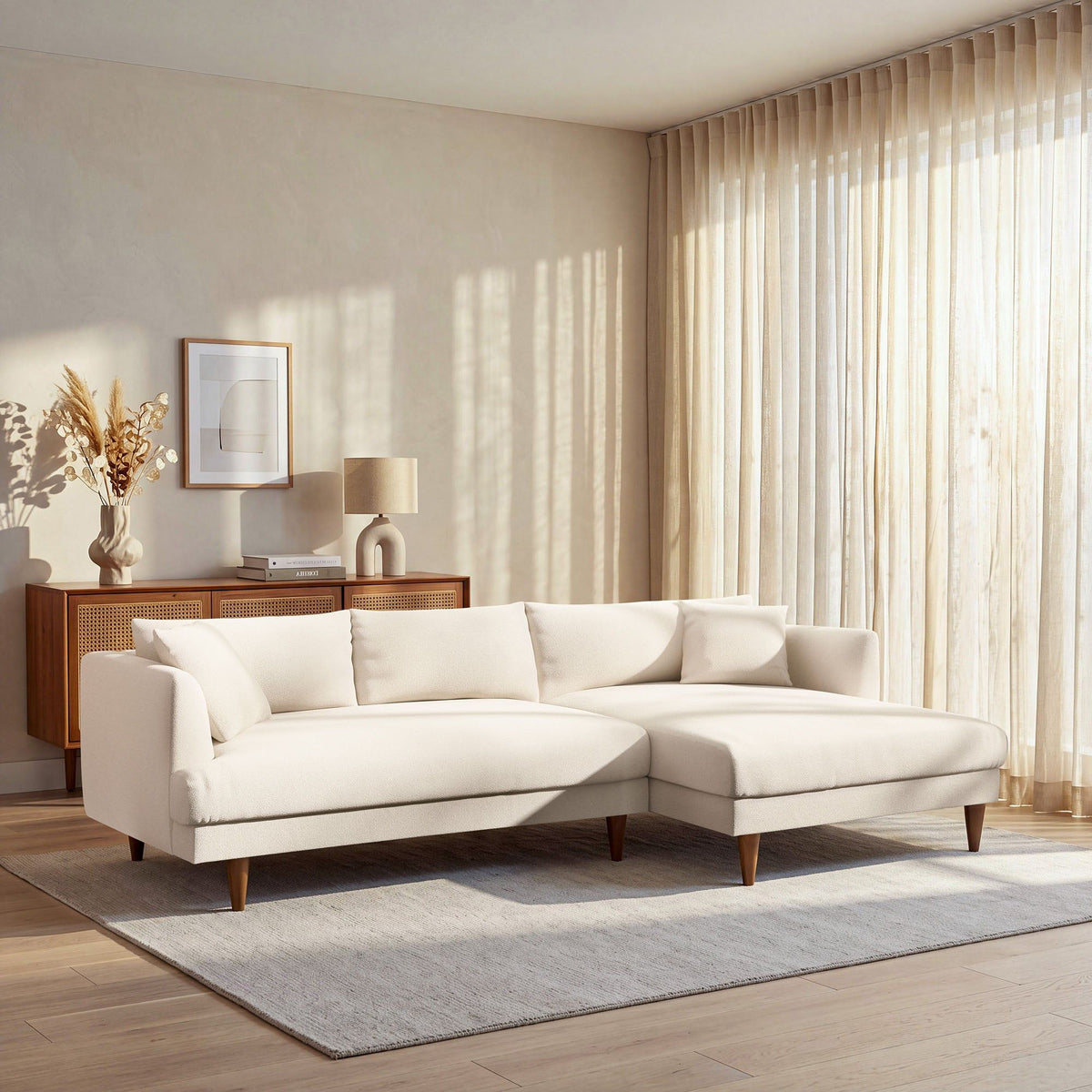 Zoya Right-Facing Down Filled Overstuffed Boucle Sectional Sofa - Cream