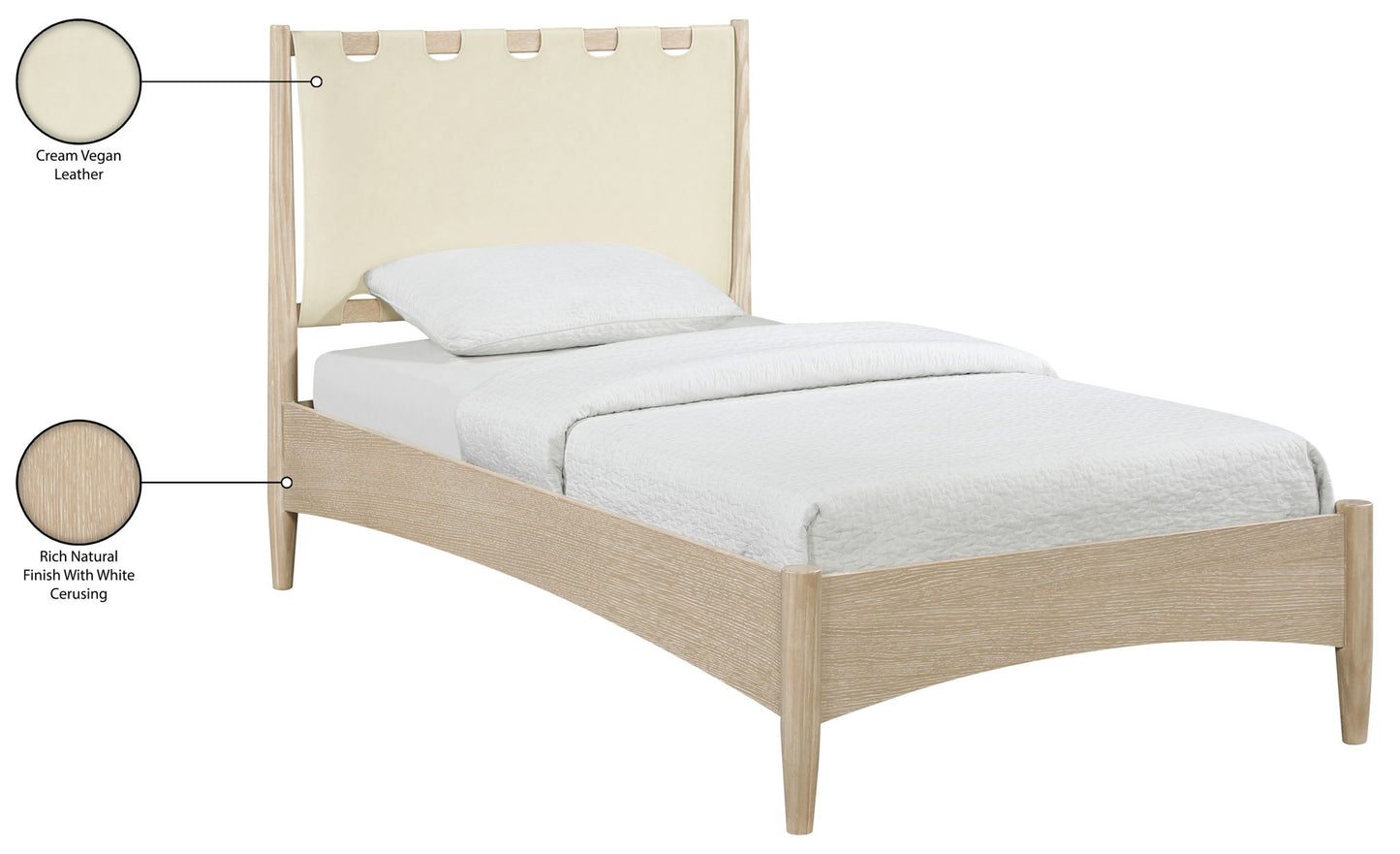 Santos - Vegan Leather Headboard And Wood Bed - Waxed Natural Frame