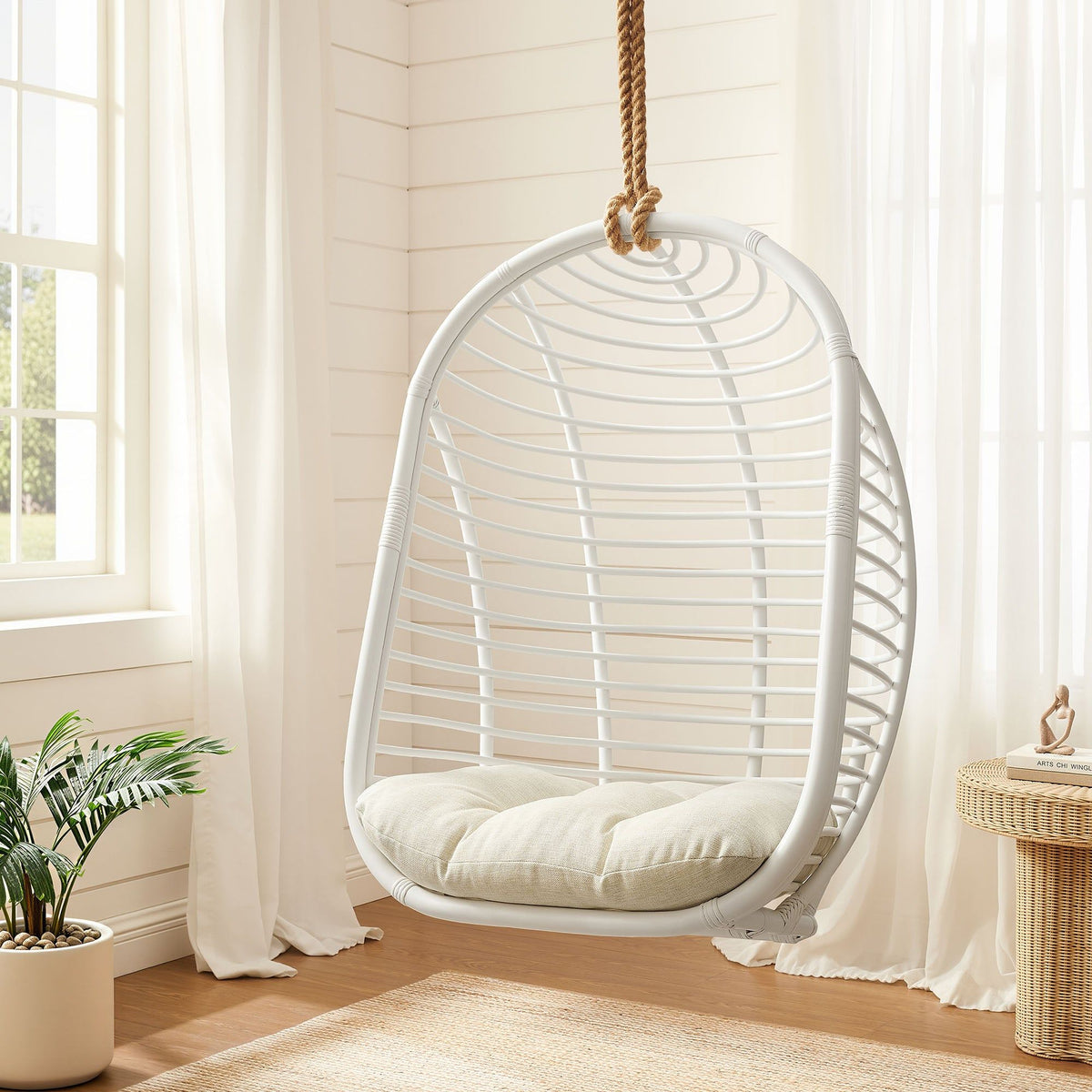 Neve Open Rib Weave Natural Rattan Hanging Chair - White