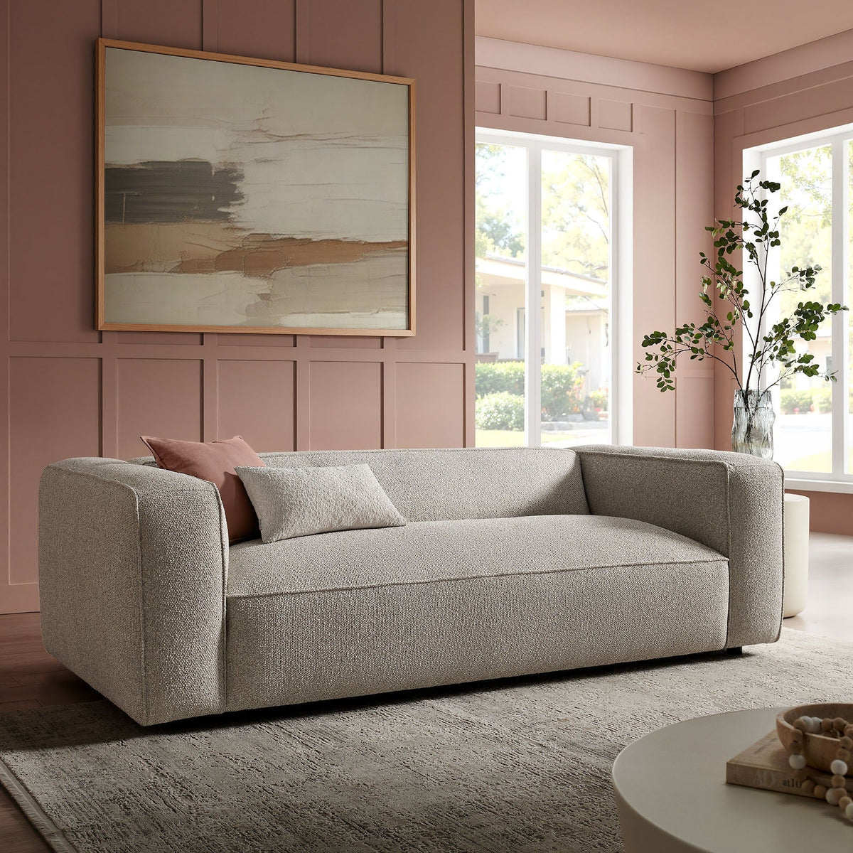 Auren 88 Inch Lattice Boucle Upholstered Sofa - Fog
