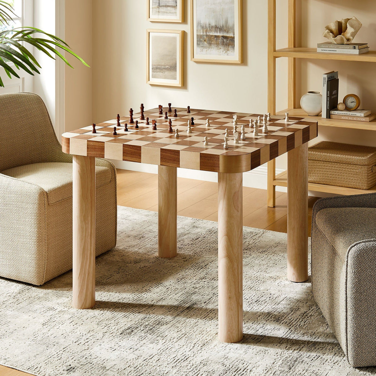 Oscar 36 Inch Square Checkered Dining Table - Oak and Walnut
