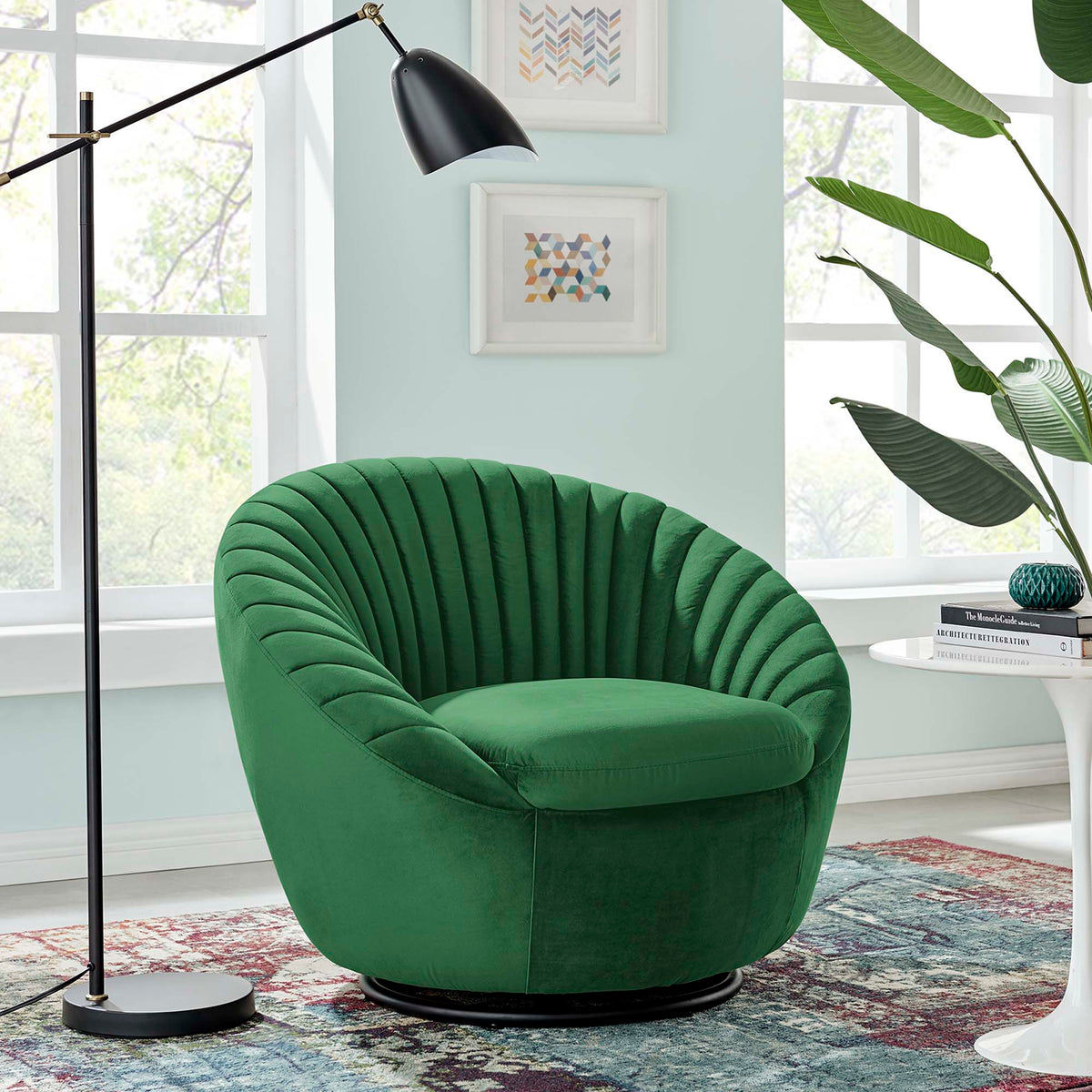 Whirr Tufted Performance Velvet Swivel Chair - Black Emerald