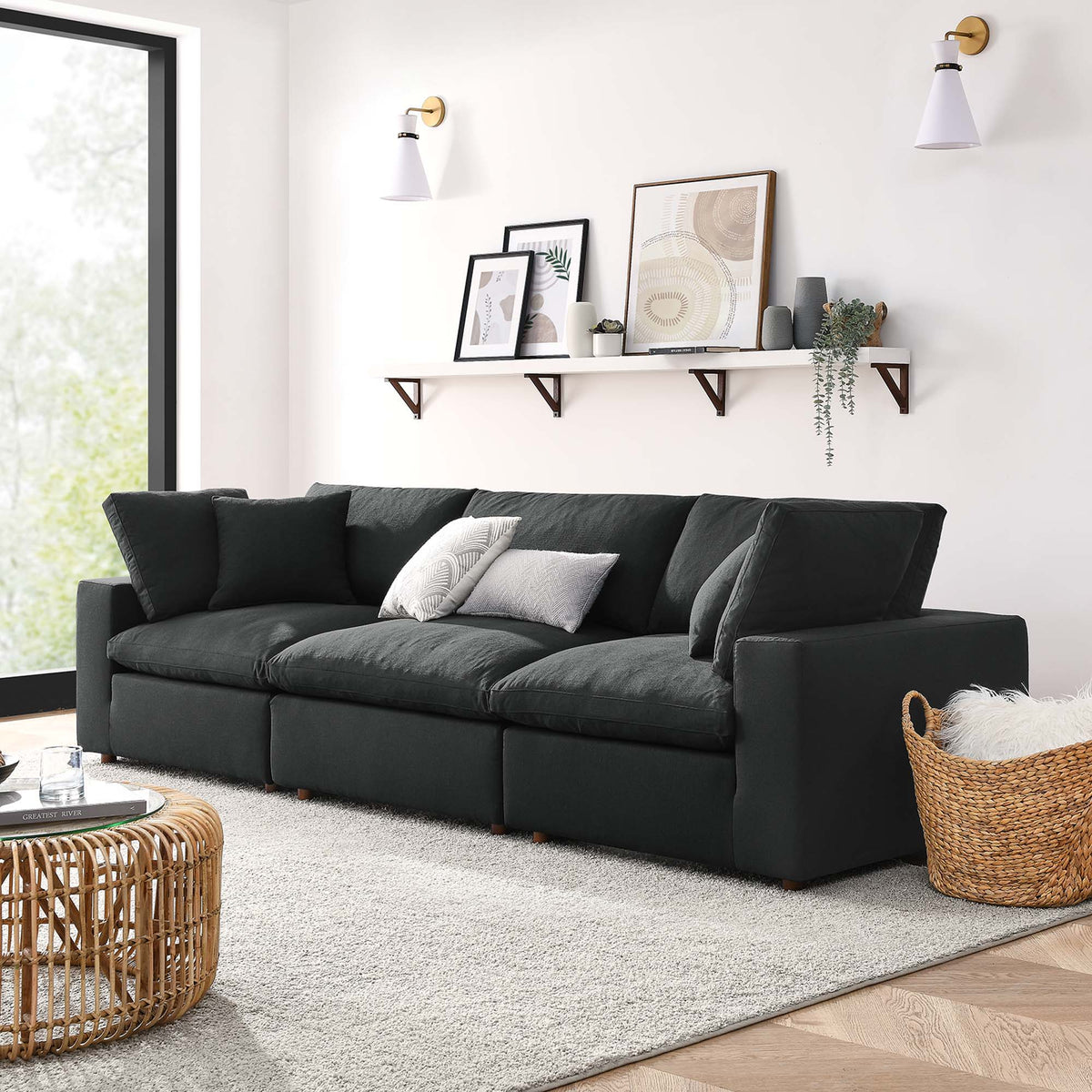Commix 3 Piece Down Filled Overstuffed Sectional Sofa Set - Black