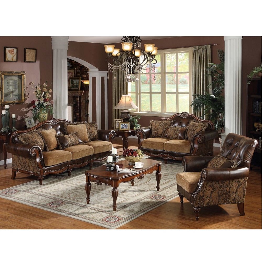 Dreena - Sofa With 5 Pillows - Two Tone Brown Synthetic Leather & Chenille Cherry