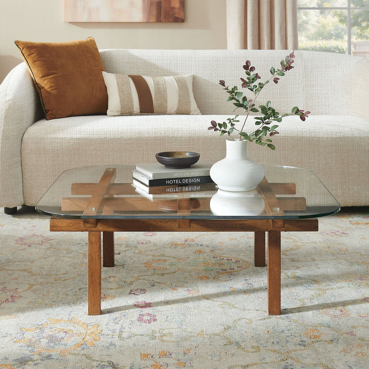 Isby 35 Inch Tempered Glass Coffee Table - Walnut