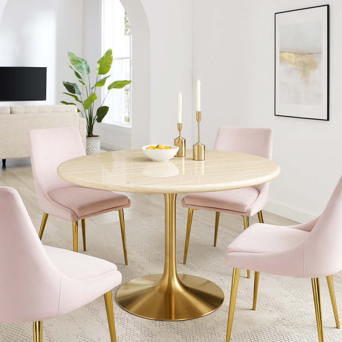 Lippa Round 48" Dining Table - Faux Travertine, Gold Travertine