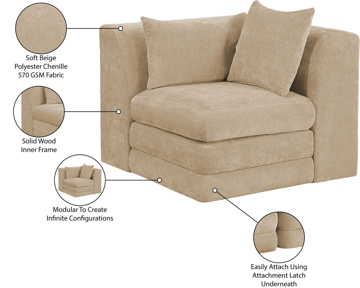 Stellar - Chenille Fabric Upholstered Modular Corner Chair