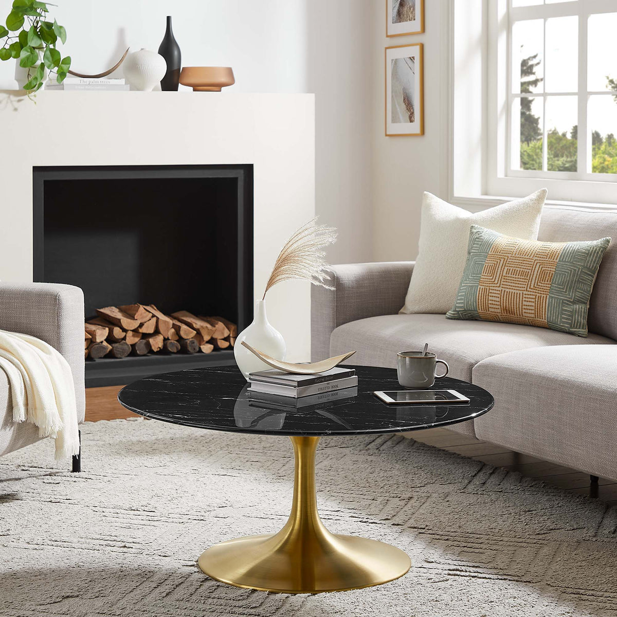 Lippa Round Artificial Marble Coffee Table - 36", Gold Black