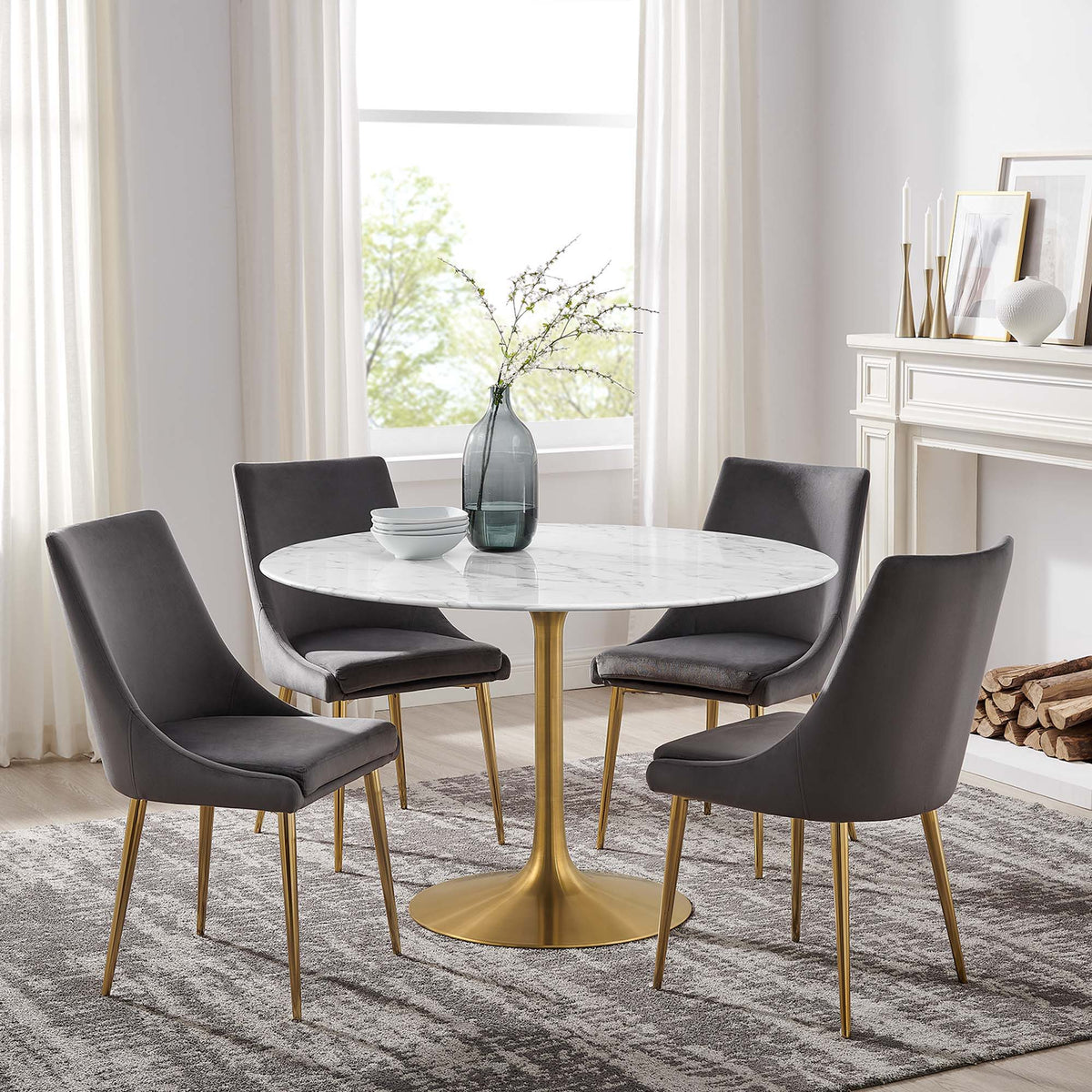 Lippa Round 48" Dining Table - Faux Marble, Gold White