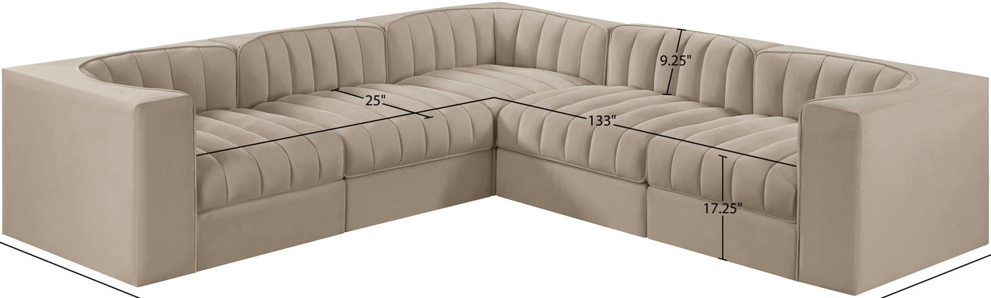 Rummi - Symmetrical Velvet Performance Fabric Upholstered 5 Piece Modular Sectional