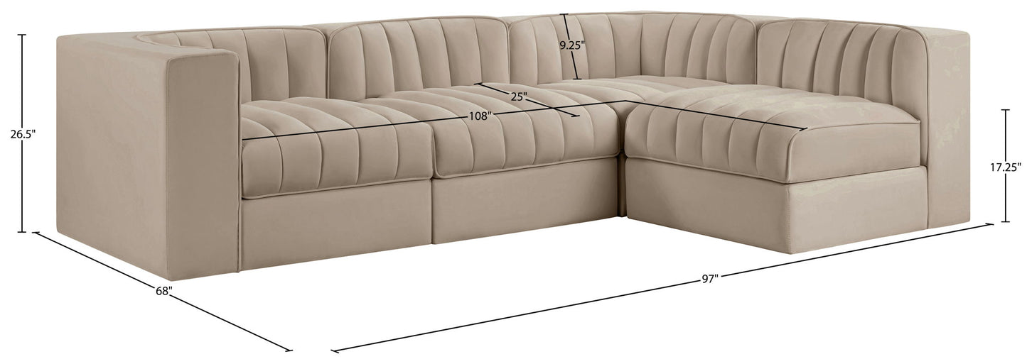 Rummi - Velvet Performance Fabric Upholstered 4 Piece Modular Sectional