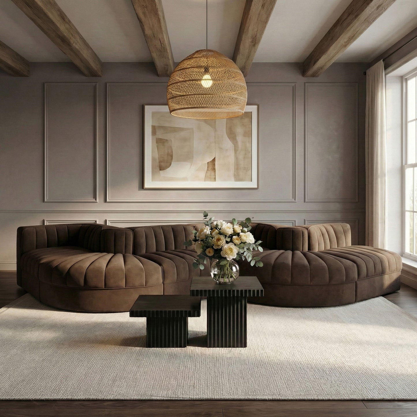 Rummi - Rounded Velvet Performance Fabric Upholstered 6 Piece Modular Sectional