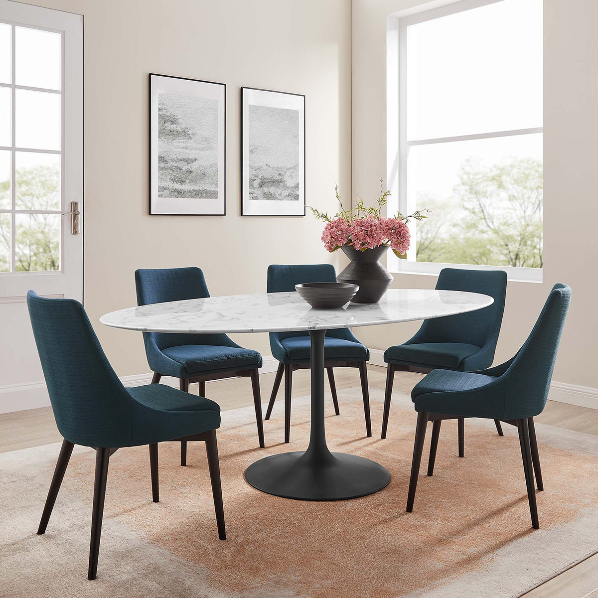 Lippa Oval Artificial Marble Dining Table - 78", Black White